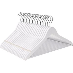 SONGMICS Kleerhangers van hout, set van 50 massief hout, inkepingen op de schouders, antislip broekbrug, 360° draaibare haak, voor pakken, overhemden, wit CRW03W-50