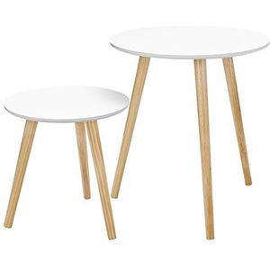 SONGMICS Bijzettafelset rond, 2 moderne salontafels, minimalistisch, Scandinavische stijl, salontafels met poten van massief hout, tafelcombinatie voor woonkamer, balkon, grenenhout LET07WN