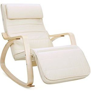 Songmics LYY10M Schommelstoel, relaxstoel, met armleuningen van berkenhout, 5-traps verstelbare voetensteun, tot 150 kg belastbaar, beige