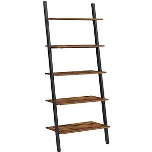 VASAGLE ladderrek in industrieel ontwerp, boekenkast met 5 niveaus, wandrek, woonkamer, keuken, kantoor, strijkijzer, stabiel, schuin, tegen de muur leunend, vintage bruin-zwart LLS46BX
