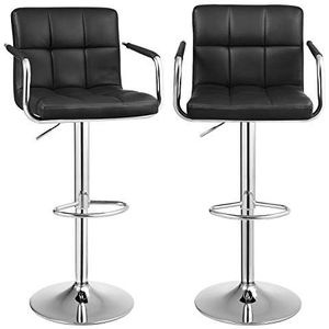 SONGMICS Barkrukken, set van 2, Hoge stoelen, in hoogte verstelbaar, PU coating, 360° draaibaar, met armleuningen, rugleuning en voetensteun, chromen frame, zwart LJB93B