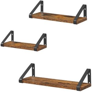 Set van 3 hangende wandplanken - Industrieel - Zwevende planken van hout met zwarte stalen muur houders