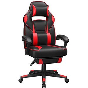 SONGMICS Gaming chair, bureaustoel met voetsteun, bureaustoel met hoofdsteun en lendenkussen, in hoogte verstelbaar, ergonomisch, 90-135° kantelhoek, tot 150 kg draagvermogen, zwart-rood OBG73BRV1