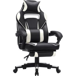 Gaming chair, bureaustoel met voetsteun, bureaustoel met hoofdsteun en lendenkussen, in hoogte verstelbaar, ergonomisch, 90-135° kantelhoek, tot 150 kg draagvermogen, zwart-wit