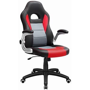 SONGMICS OBG28BR Gamingstoel, racestoel, sportstoel, bureaustoel met hoge rugleuning, verstelbare armleuningen, kantelmechanisme, zwart, grijs en rood