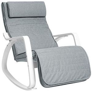 SONGMICS berkenhouten schommelstoel, relaxfauteuil, voetsteun in 5 standen verstelbaar, witte armleuningen, grijze imitatielinnen hoes, elegant, tot 150 kg belastbaar LYY11WG