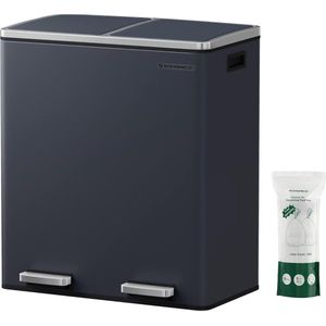 SONGMICS prullenbak, 2 x 30 liter, 2 vakken, afvalscheidingssysteem, pedaalemmer, keukenafvalbak, 15 vuilniszakken, metaal, scharnierende deksel, soft close, luchtdicht, groengrijs LTB60GS