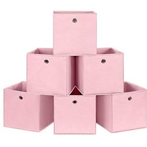 SONGMICS Set van 6 opvouwbare opbergdozen, stoffen opbergkubussen, kledingorganisator, speelgoedbakken met doorvoertulet, 30 x 30 x 30 cm, voor slaapkamer, woonkamer, roze RFB02PK-3