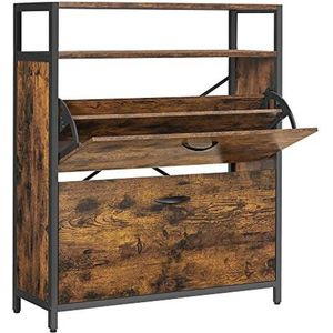 Schoenenkast met 2 kleppen, schoenenrek, schoenenkantelaar, schoenenkast met 2 vakken, schoenenplanken, in de gang, voor 10-16 paar schoenen, ruimtebesparend, 80 x 30 x 95 cm, vintage bruin-zwart
