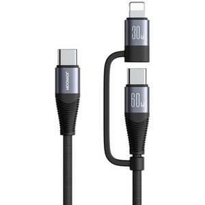 JOYROOM SA37-1T2 2 in 1 (USB-C naar Lightning + USB-C) laadkabel - 60W - zwart