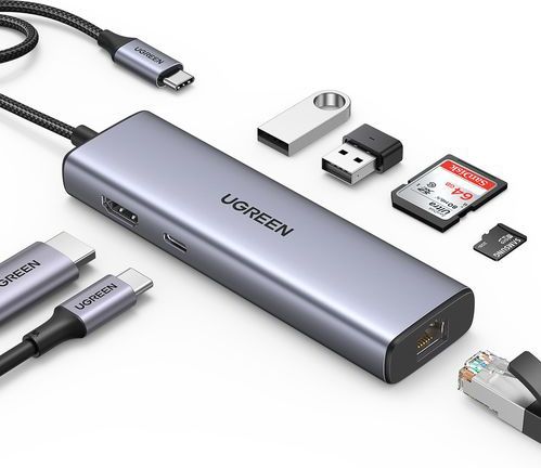 Ugreen - Adapter Hub - USB-C naar 2x USB 3.0 - HDMI - RJ45 - SD/TF - Zilver