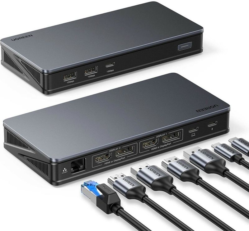 Ugreen CM615 USB-C, DisplayPorrt, HDMI, RJ45 Multifunktionsadapter – Grau mit USB-C Kabel