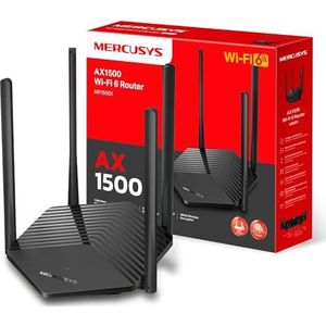 Mercusys TP-Link MR1500X AX1500Mbps WiFi 6 Dual-Band Router, Gigabit-poort, 1201Mbps op 5 GHz en 300 Mbps op 2,4 GHz, 4 antennes met hoge versterking, kinderbeveiliging, gastnetwerk, QoS, OFDMA,