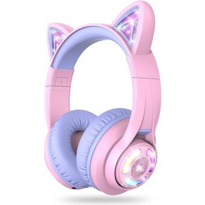 iClever - BTH13 - draadloze junior koptelefoon - met katten oortjes - volumebegrenzing - RGB led lights - microfoon - lange batterijduur (paars/roze)