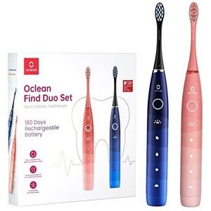 Oclean Zoek Duo Set 2X Sonic elektrische tandenborstel, 5 modi met bleken, draagbaar, Dupont borstelkop, 180 dagen batterijduur, IPX7 waterdicht, 2-minuten timer en 30s herinnering, rood en blauw
