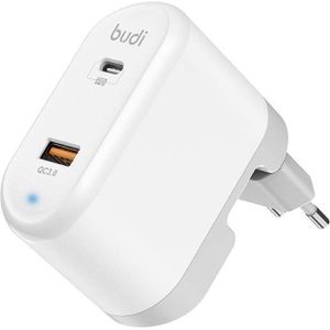 Budi 328E Universal Wall Charger (White) with USB + USB-C, 18W + EU/UK/US Adapters