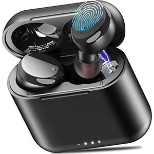 TOZO T6 draadloze Bluetooth in-ear hoofdtelefoon, sport touch control, draadloze bluetooth hoofdtelefoon met draadloze oplaadhoes, microfoon, premium sound bass, zwart