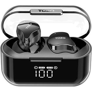 TOZO T18 Draadloze Bluetooth-hoofdtelefoon, Bluetooth 5.3, draadloos, met IPX8 waterdicht, led-display, transparante hoes, in-ear hoofdtelefoon met ruisonderdrukking