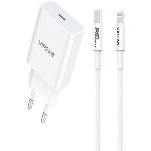 Vipfan E04 Wall Charger, USB-C, 20W, QC 3.0 + Lightning Cable (White)