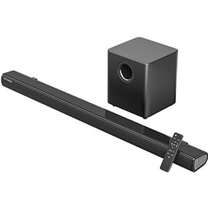 LEFANDI Soundbar met subwoofer voor tv, 90W 2.1 kanaal Bluetooth luidspreker geluidssysteem met AUX, HDMI ARC, USB, coax, optische ingang, zwart
