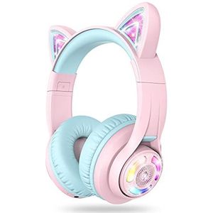 iClever Hoofdtelefoon voor kinderen, kattenoren, led light-up, voor kinderen, bluetooth, draadloze opvouwbare hoofdtelefoon, over-ear voor school, tafel, pc