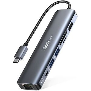USB C-hub dockteck 7-in-1 dock DD0003 USB C-adapter, ethernet LAN RJ45, 4K 60Hz HDMI, 100W stroomvoorziening, 2 USB 3.0-poorten en SD/microSD voor iPhone 15 Pro, MacBook M1, iPad Pro, Surface Pro, en