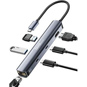 USB C Hub HDMI 4K 60Hz, 6 in 1 Dockteck, Dock Ethernet, MacBook Pro Adapter iPad met LAN RJ45, 2 USB-C Port Gegevens 100W PD, 2 USB 3.0, HDMI, voor MacBook Air M1/M2, iPad Pro/Air, Surface Pro