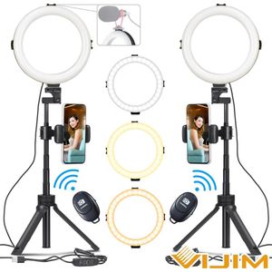 2x VIJIM Ringlamp met statief - telefoonhouder en bluetooth afstandsbediening - Instagram / YouTube / TikTok lamp - 71,5cm hoog - 800 Lumen - Zwart