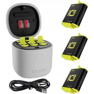 Telesin 3-slot waterdichte oplader Allin box voor GoPro Hero 9 / Hero 10 + 3 batterijen (GP-BTR-906-GY-B)
