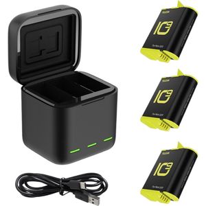 Telesin Oplaadbox met 3 batterijen voor GoPro 9/ 10 / 11 / 12 – Oplaadbox en opslag in één – Ruimte voor 2 Micro SD-kaarten – LED-lampjes voor batterijstatus – 3x GoPro batterij 1750 mAh – Zwart