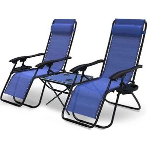VOUNOT Set van 2 ligstoelen, inklapbaar met bijzettafel, relaxstoel voor in de tuin met bekerhouder en hoofdkussen, blauw