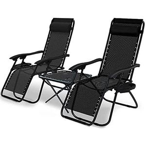 VOUNOT Set van 2 ligstoelen voor buiten, inklapbaar, met bijzettafel, bekerhouder, ligstoel met afneembare hoofdsteun, maximale belasting 120 kg, zwart