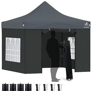 VOUNOT Opvouwbaar tuinpaviljoen, 3 x 3 m, versterkt, met 4 wanden, raam, tent, van polyester, waterdicht, voor festival, tuin, camping, draagtas en zandzakken inbegrepen, grijs