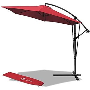 VOUNOT Verkeerslichtparaplu 300 cm, parasol met zwengelmechanisme, windbescherming en beschermhoes, zonwering UV-bescherming, tuinparaplu marktparaplu zwengelparaplu, rood