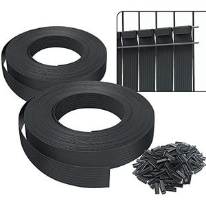 VOUNOT Afschermstroken voor dubbelstaafmatten 150m x 4,7cm, PVC-afscherming met 300 clips, Zwart