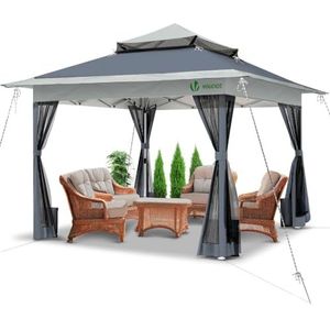 VOUNOT 3,6 m x 3,6 m pop-up tuinhuisje met gaaszijkanten, tuin dubbel dak partytent met beengewichten en roltas, grijs