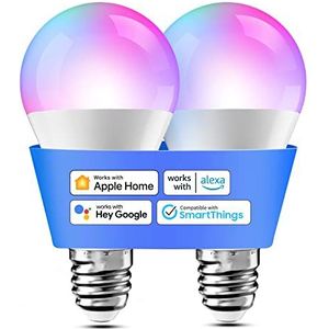 Slimme gloeilampen, set van 2 led-gloeilampen, compatibel met HomeKit, Siri, Alexa, Google Home en SmartThings, E27 RGBWW wifi-gloeilamp, dimbaar, meerkleurig, met spraakbesturing en afstandsbediening