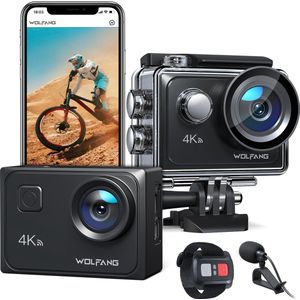 WOLFANG GA300 Action Camera - 4K 60FPS 24MP Groothoek Touchscreen WiFi Waterdichte Camera - 8x Zoom EIS Camerastabilisator - 2 x 1350mAh Batterijen en Accessoireset