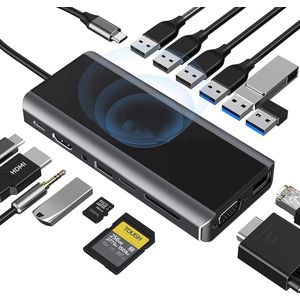 15 in 1 Hub,Dongle USB C Multi-poort Adapter, USB C Docking Station,draadloze oplader= TYPE C to USB3.0*3+USB2.0*4+VGA+RJ45+SD+TF+Audio+HDMI+USB-C PD+ Wireless charger Oplader；voor MacBook Air/Pro, iPad Pro 2021 en Meer
