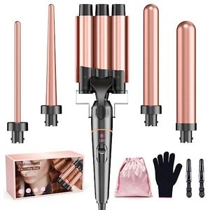 BESTOPE PRO Krultangen, 3 vaten voor grote krultangen, 5-in-1 krullen met instelbare temperatuur, keramische krulspelden met verschillende opzetstukken, snelle verwarming, handschoen, 2 clips