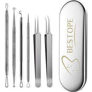 Mee-eterverwijderaar, 6-delige set acne-verwijderaar, pincetset met metalen behuizing, mee-eterverwijderaar, gereedschap van hoogwaardig roestvrij staal