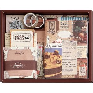 Lightheart Design Retro Vintage dagboek, A6, scrapbook-set: bruin geruit notitieboek met 155 stuks journal accessoires, scrapbook-stickers, accessoireset, doe-het-zelf cadeauset voor meisjes