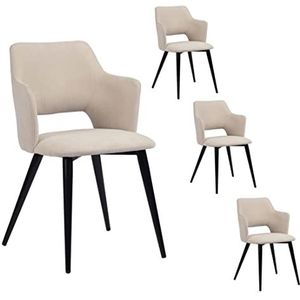 MEUBLE COSY Set van 4 Scandinavische eetkamerstoelen, fauteuil met armleuningen, gevoerde zitting van stof, metalen poten, voor keuken, woonkamer, slaapkamer, kantoor, gelegeerd staal, beige, 48 x