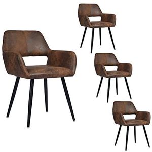 MEUBLE COSY Set van 4 eetkamerstoelen met armleuning, in kunstsuède, vintage stijl, metalen poten, bruin, 56 x 56 x 78 cm