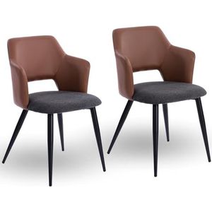 MEUBLE COSY Eetkamerstoelen, set van 2, keukenstoelen, gestoffeerde stoel met armleuning, stoel van kunstleer en stof, woonkamerstoel, metalen poten, bruin + grijs, 48 x 54 x 79 cm