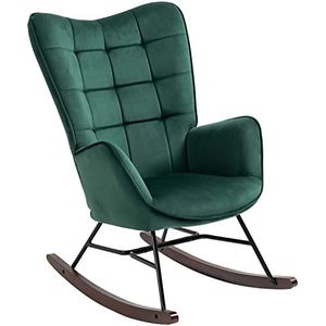 MEUBLE COSY Schommelstoel, schommelstoel, relaxstoel, stoel met armleuningen en gevoerde zitting, voor woonkamer, slaapkamer, metalen frame en houten sokkel, fluweel, groen, hout, 66 x 84 x 97 cm