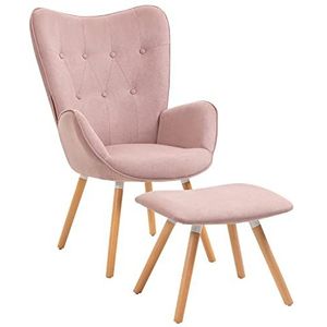 MEUBLE COSY Fauteuil met kruk, relaxstoel, leunstoel, beklede stoel, enkele bank, oorstoel voor woonkamer, slaapkamer, kantoor, Vanity, houten poten, stof, roze, hout, 68 x 73 x 106 cm