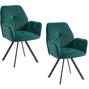 MEUBLE COSY Set van 2 Eetkamerstoelen, 360° draaibaar, Scandinavische stoel met rugleuning en armleuningen, voor woonkamer, keuken, kantoor, gestoffeerde zitting van fluweel met metalen poten, groen,