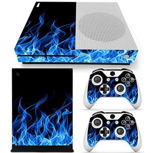 Glanzende beschermende vinyl sticker skin/stickers wrap cover voor Xbox One S slanke console + 2 controller (blauw vuur)