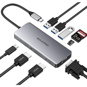 GIISSMO 2x HDMI-dockingstation, USB C-hub met Dual HDMI 4K, VGA, 3 USB-A, 100 W PD en TF/SD-kaartlezer, drievoudige monitoradapter voor MacBook Pro/Air en HP Dell laptops